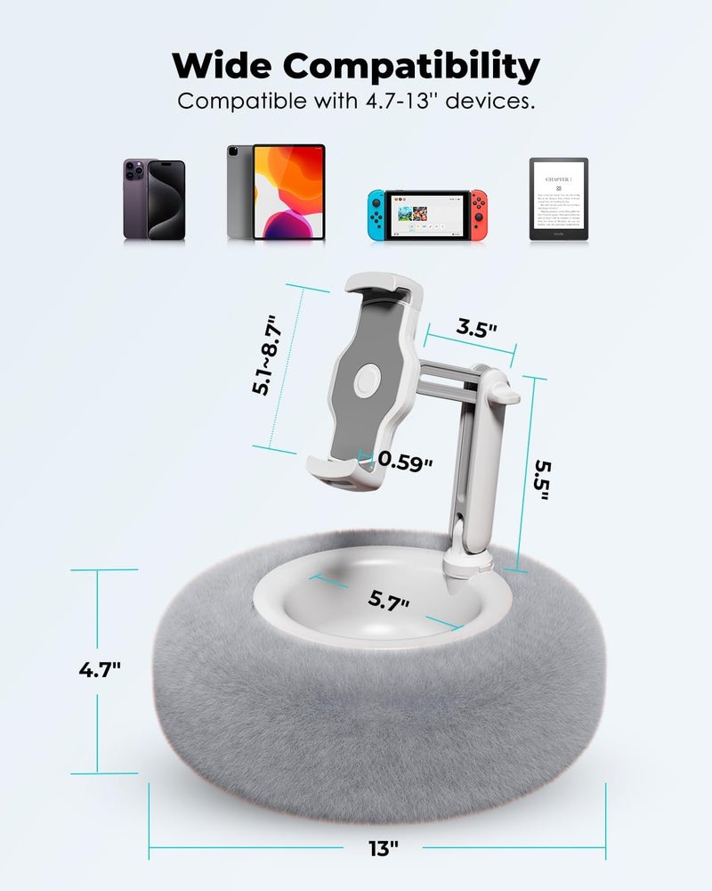 Viozon Tablet Stand Pillow, Compatible with 4.7"-13" Phone/Tablet, iPad, iPhone, Samsung, Google, Kindle, 360°Adjustable Phone Holder for Bed with Soft Plush Fabric, and Detachable Bowl, Grey - Image 3